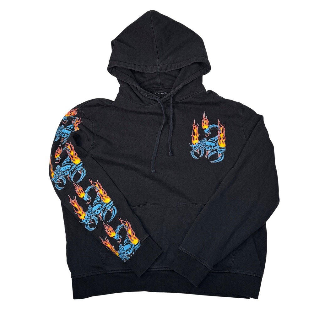 All Saints Hoodie Mens Small Black Scorpion Flames Skull Biker Streetwear Grunge